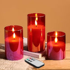 Eywamage Red Glass Flameless Pillar Candles with Remote, Flickering Christmas Battery LED Candles Holiday Decor Set of 3 - color: Red