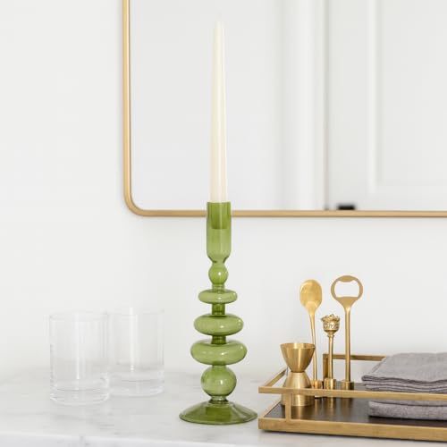 Vintage Glass Candle Holder for Pillar Candles – Taper Candle Holders for Table Decor, or Living Room – Stacked Disc and Sphere Design Candlestick Holders, Boho Home Decor – 11", Green - color: Green, size: 11.0" H