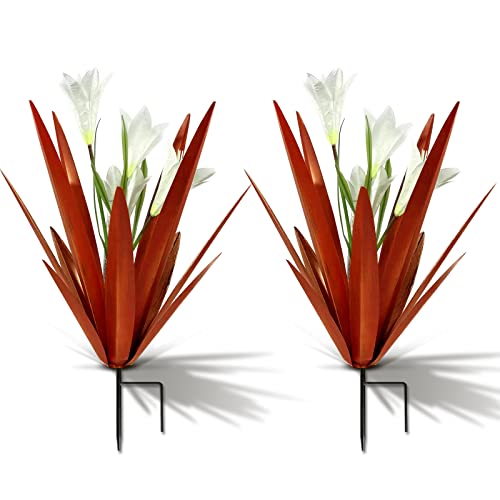 Homight Metal Agave Plant Outdoor Decoration Lily Mexican Yard Art Garden Gift Home Decor Hand Painted Metal Agave Garden Yard Statue, Outdoor Lawn Ornaments (2 Big White Lilies) - color: 2 Big White Lilies