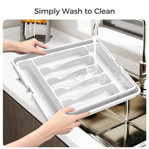 ukeetap Extra Large Expandable Silverware Organizer, BPA-Free Food-Safe Cutlery Flatware Organizer, Kitchen Utensil Drawer Organizer, Adjustable Silverware Holder for Spoons Forks Knives, White - color: White