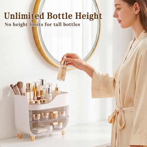 Makeup Organizer for Vanity with Large Smooth Drawers Extra Large Skincare Organizer for Bathroom Countertop and Dresser, Crystal Clear Cosmetic Storage Display Case for Beauty Products - color: White