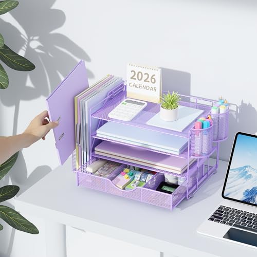 gianotter Desk Organizers and Accessories with File Holder, 4-Tier Desk Accessories & Workspace Organizers with Drawer and 2 Pen Holder, Paper Organizer for Office Supplies (Purple) - color: Purple