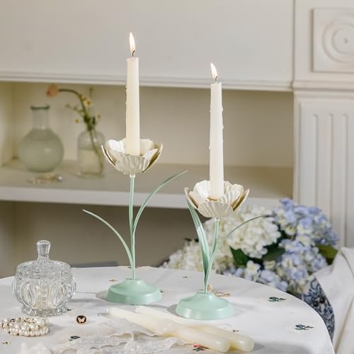 NIKKY HOME Tulip Taper Candle Holders Set of 2, Vintage Elegant Flower Shaped Metal Candlestick for Table Centerpieces, Spring Wedding Decor and Dinner Party, White & Green - color: White Green