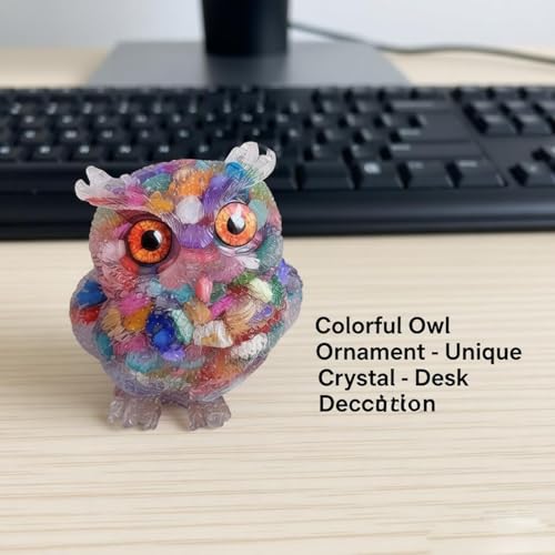 OwMell Owl Statue Tumbled Stone Gemstone Owl Figurine Home Decor Shelf Decor 2.5" - Rainbow - color: Rainbow