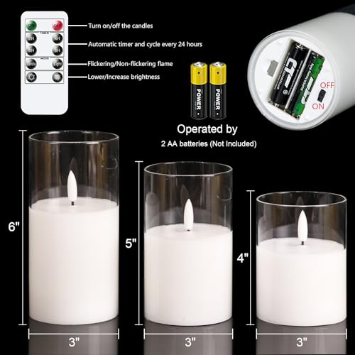 GenSwin Flameless Candles with Remote Timer, Clear LED Battery Operated Candles with Flickering Flame, Glass and Real Wax Pillar Candle Holiday Home Decor(Set of 3, D3”x4”5”6”) - color: Clear