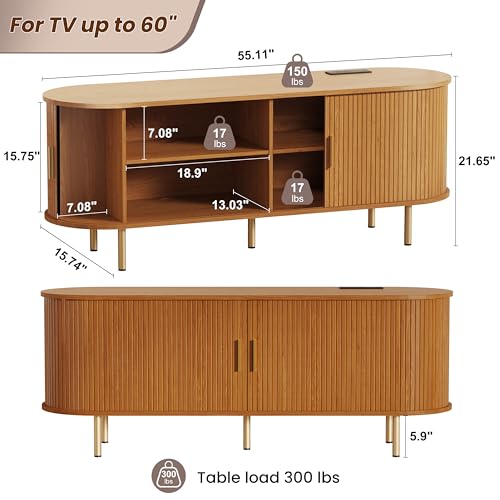 DHH 55 Inch Mid Century Modern TV Stand with Power Outlet for TVs up to 60 Inch, Entertainment Center with Storage and Adjustable Shelves, Media Console with Sliding Doors for Living Room(Yellow) - color: Yellow Walnut, size: 55 Inch