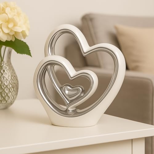 Silver Heart Ornament – Elegant Ceramic Couple Sculpture – White & Silver Tabletop Decor – Romantic Centerpiece for Living Room, Bedroom or Office – Anniversary or Valentine’s Gift
