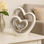 Silver Heart Ornament – Elegant Ceramic Couple Sculpture – White & Silver Tabletop Decor – Romantic Centerpiece for Living Room, Bedroom or Office – Anniversary or Valentine’s Gift