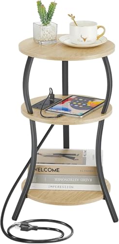 Small Round Side Table with Charging Station, 3-Tier Waist Circular End Table with Storage Shelf, Compact Tea Sofa Side Table Small Spaces, Round Corner Coffee Table for Living Room Bedroon,Oak - color: Oak, style: USB Charger