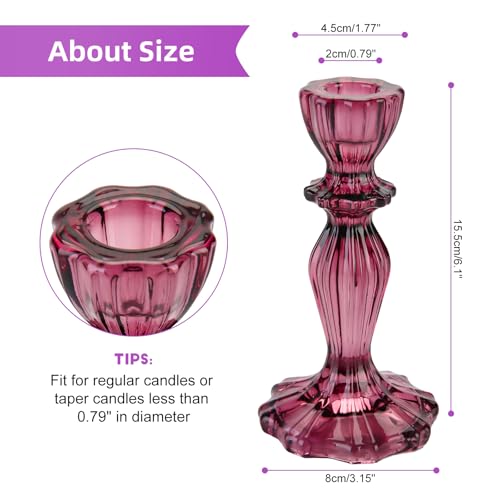 Glass Candle Holders, 2PCS Wide Base Candlestick Holder Decorative Candle Stand Table Centerpieces for Halloween Christmas Wedding Birthday Party, Dark Purple - color: Dark Purple