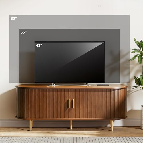 DHH 55 Inch Mid Century Modern TV Stand with Power Outlet for TVs up to 60 Inch, Entertainment Center with Storage and Adjustable Shelves, Media Console with Sliding Doors for Living Room(Walnut) - color: Walnut, size: 55 Inch