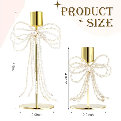 Yungyan Gold & Pearl Bow Candle Holders Set of 2 Metal Taper Candle Stands Vintage Modern Decorative Candlesticks Holders for Dining Table, Wedding, Fireplace, Holiday & Christmas Decor