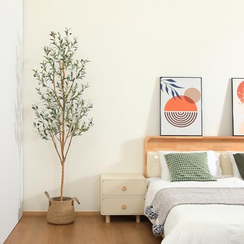 Kazeila Artificial Olive Tree 6FT Tall Faux Silk Plant for Home Office Decor Indoor Fake Potted Tree with Wood Branches and Fruits - size: 6ft