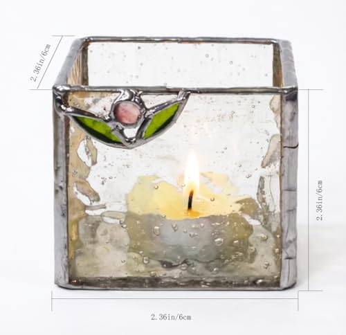 Handmade Windproof Stained Glass Cube Candle Holder - 5-Sided Floral & Leaf Design for Altar, Prayer, Windowsill - Sacred Gift for Christians, Mom, Christmas & Easter (Floret) - color: Floret