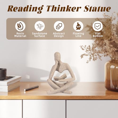 Small Bookshelf Decor Coffee Table Sculpture Abstract Thinker Statue Reading Figurine Modern Neutral Home Decoration for Office Desk Shelf ,Gifts for Readers Book Lovers Women (Sandstone ,Beige)