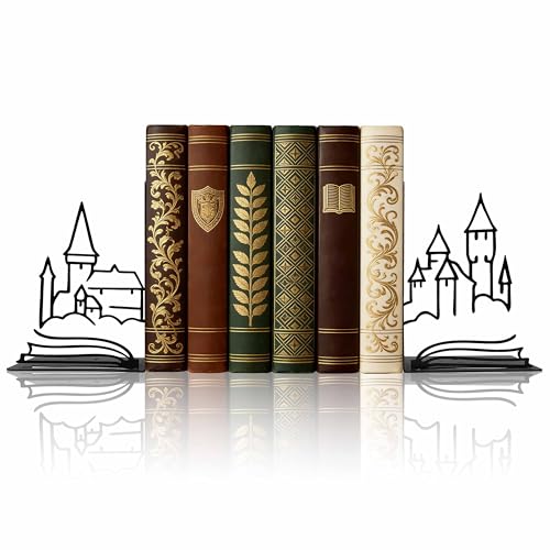 Matte Black Iron Decorative Bookends for Shelves, Fantasy Castle Book Ends for Heavy Books, Unique Vintage Bookends for Kids Books, Metal Book Holders for Bookshelf Decor - color: Fantasy Castle
