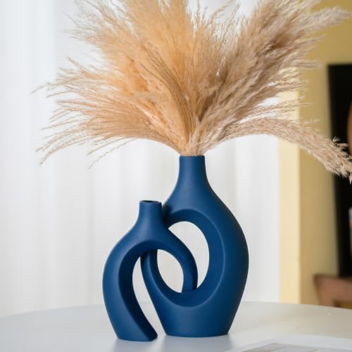 Lvases Snuggle Hollow Ceramic Vase Set of 2, 11Inch Nordic Modern Boho ins Style Decorative Ceramic Aesthetic Flower Vases for Home Decor Living Room Shelf Table Decorative (Matte Navy Blue) - color: Extra Large Navy Blue
