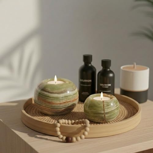Radicaln Marble Tealight Candle Holder 4" Inch Green Onyx Handmade Set of 3 Mini Candle Holders for Dining & Entryway Table, Decorative Votive Candle & Marble Taper Holder for Home Decor - color: Green