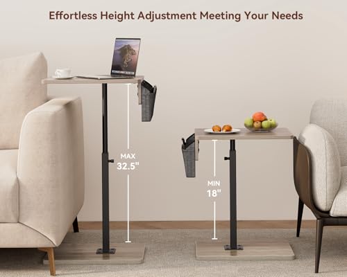 Vagusicc Sofa Armrest Tray Table for Couch, 360° Swivel Height Adjustable TV Tray Table for Small Spaces, Snack Side Table for Couch, Bed, Chair, C Shaped End Side Table for Eating, Reading, Laptop - color: Greige, style: With Storage Bag