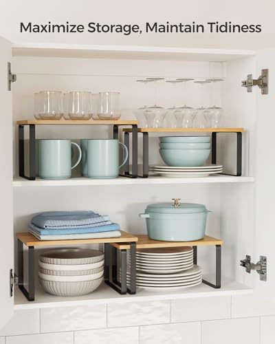 SONGMICS Cabinet Organizer Shelf, Set of 2 Kitchen Counter Shelves, Kitchen Storage, Spice Rack, Stackable, Expandable, Metal and Engineered Wood, Ink Black and Natural Beige UKCS02NB - color: Ink Black + Natural Beige, size: 11.7"W
