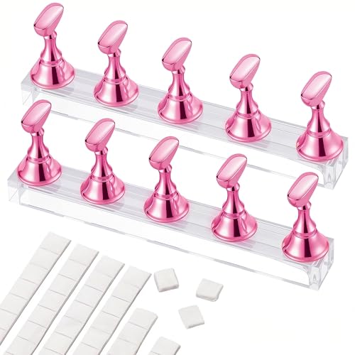 Nail Stands Acrylic Nail Art,Press on Nail Stand Magnetic Nail Tips Practice Holder 54 Pcs Reusable Adhesive Putty for DIY Painting(Pink - color: Pink