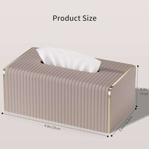 Tissue Box Cover,Beige Rectangle Leather Tissue Box Holders with Gold-Tone Edging Accents,Decorative Tissue Covers for Bathroom Toilet Bedroom Living Room Table Desk Office Car - color: Beige, size: Rectangle Standard