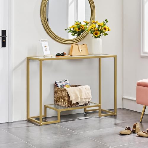 Yaheetech 42 Inch Console Table, Tempered Glass Entryway Table, Narrow Sofa Tables, 2-Tier Hallway Tables, Entrance Stand for Living Room Bedroom, Gold - color: Gold