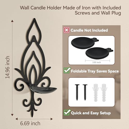 Wall Candle Sconces Set of 2, Vintage Flower-Shaped Metal Candle Holders for Pillar, Tealight, and LED Candles, Rustic Decorative Wall Decor for Living Room Dining Room (Black) - color: Black Flower-shaped