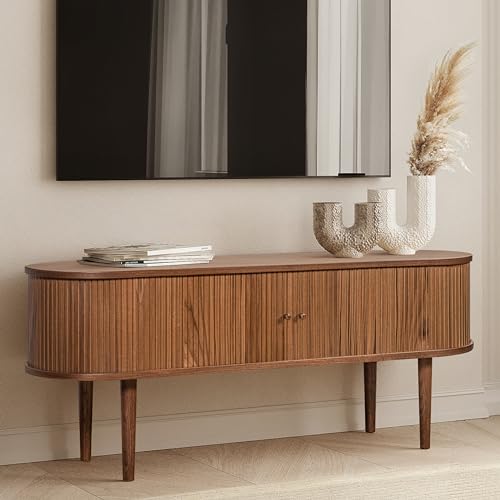 WERMO 55'' TV Stand with Storage and Shelves for 32-60 inch TV. Wood Entertainment Center with Doors for Living Room and Bedroom, Mid Century Modern Console Table, Television Stand (Walnut) - size: 55 Inch