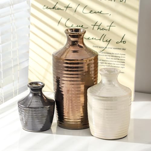 Set of 3 Ceramic Vases for Home Decor - Metallic Color Modern Handcrafted Flower Vases for Living Room, Kitchen, Bedroom, Bathroom and Office - Decorative Vase - Table Centerpieces for Home Decor