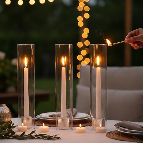 LETINE Hurricane Candle Holders with Silver Ribbed Taper Candle Holders Set of 3(14")– Bulk Windproof Taper Candle Hurricane Glass for Outdoor&Indoors Wedding Centerpiece, Event & Home Decor - color: Silver, size: 14H"-3pcs+3pcs Taper Holder1.57"/2.36"/3.