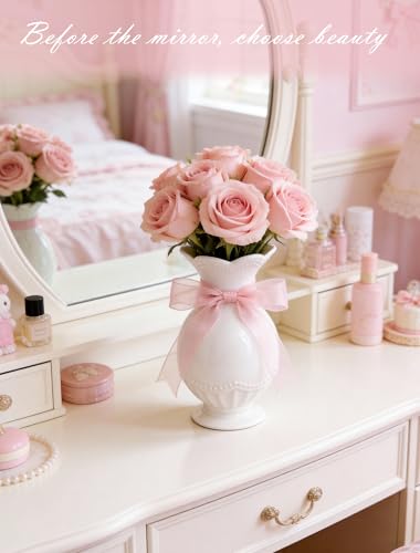 Cute Bow Scalloped White Flower Vase, Light Pink Bow Themed Coquette Girly Room Bedroom Decor, Cutecore Kawaii Princess Clean Girl Stockholm Room Bedroom Decor for Girls