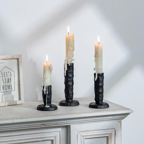 Sziqiqi Black Iron Candlstick Holders: Cast Iron Taper Candle Holder for Candlesticks - Hammered Short Candleholder Set of 3 for Dining Table Mantle Fireplace