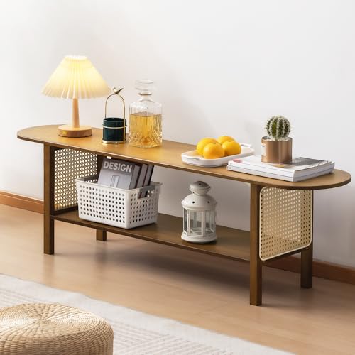 Bamboo TV Stand for TVs up to 65", Accent Entertainment Center with Storage, Media Console Table with Rattan, Modern TV Stand for Living Room, Bedroom, 55"(L), Walnut - color: Walnut Rattan