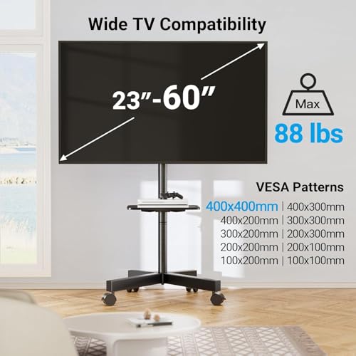 PERLESMITH Rolling TV Stand, Mobile TV Stand for 23-60 Inch LCD LED TVs, Tilt TV Stand Wheels Holds up to 88Lbs, Portable TV Stand for Bedroom with Shelf, Outdoor TV Stand Max VESA 400x400mm PSTVMC06 - size: 23-60 Inch