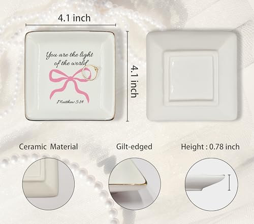 WODMIS Christian Coquette Bow Ceramic Jewelry Tray Dish, Bible Verse Preppy Jewelry Plate Ring Trinket Dish, Trendy Aesthetic Ribbon Gifts for Women Bestie Best Friends 508 - color: Pink-1