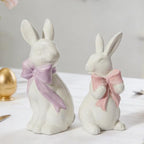 WDS WONDROUS 2PCS Easter Decoration Bunny Decor - Spring Easter White Rabbit Sculpture, Ceramic Statues with Bow for Farmhouse Home Decor Tabletop Shelf Mantel Dining Table Centerpiece