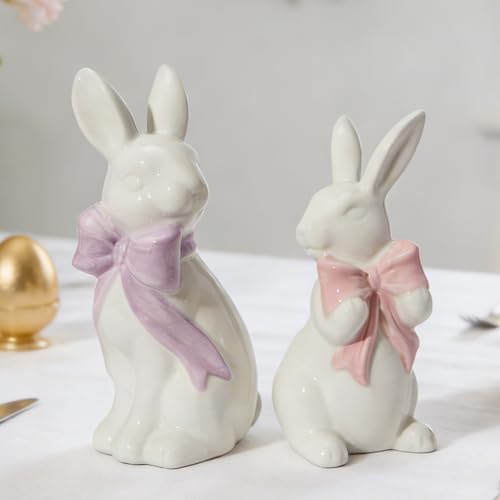 WDS WONDROUS 2PCS Easter Decoration Bunny Decor - Spring Easter White Rabbit Sculpture, Ceramic Statues with Bow for Farmhouse Home Decor Tabletop Shelf Mantel Dining Table Centerpiece
