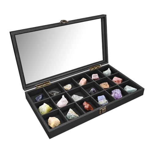 MOOCA Wooden Jewelry Display Case with Tempered Glass Lid & 18 Compartments Tray, Rock Collection Box, Crystal Display Case, Black Color - color: Black