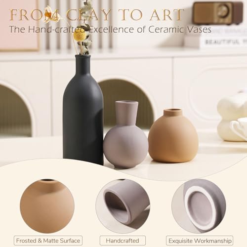Joeabor Ceramic Vase Set of 3 - Handcrafted Ceramic Vases for Home Decor & Shelf - Modern Farmhouse Decor for Kitchen, Office, Bedroom & Living Room Decorative Objects for Mantel, Table Centerpieces - color: Set B