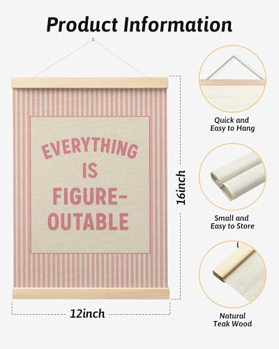 FGFK Preppy Pink Everything Is Figureoutable Inspirational Wall Art Poster Hanger Frame, Girly Pink Striped Positive Affirmations Canvas Prints Framed Wall Decor for Girls Bedroom Dorm, 12x16 Inch - color: Preppy Pink