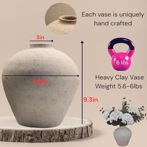 Handemade Large Round Vase for Centerpieces, White Rustic Vase Farmhouse Decor, Distressed Textured for Home Decorations, Earthy Room Decor Aesthetic, Stone Look Ceramic Clay Pottery, 9 inch - color: White