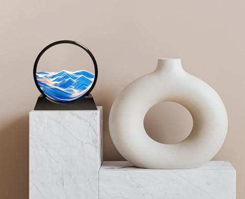 HYUGF Moving Sand Art Picture Ocean Decor, 3D Deep Sea Sandscape Liquid Motion, Round Glass Frame Display Flowing Sand Relaxing Gift for Kids Adults Home Office Work Desktop Decoration Toy (Blue, 7") - color: Blue, size: 7 inches