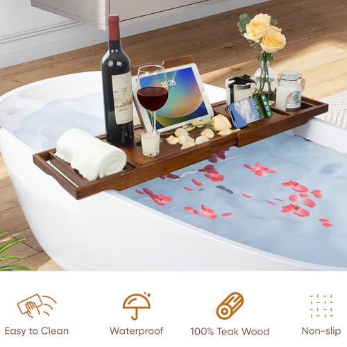 Kiasthome Teak Bathtub Caddy, Expandable Bath Tray, Non‑Slip Luxury Tub Caddy with Wine Phone Tablet Holder, Wooden Bath Accessory for Home Spa and Gift