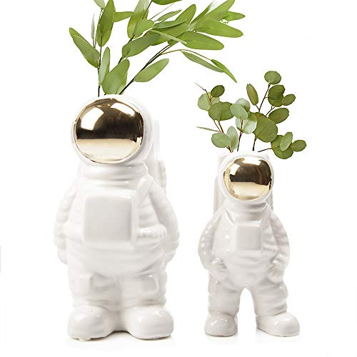 CHIVE - Astronaut Shape Vase, Planter Simple Modern Flower Bud Vase, White and Gold (Medium)