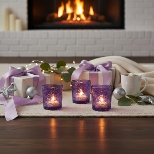 12 Pack Hummingbird Embossed Glass Candle Holders – Votive Tealight Holders with Patent Design, Decorative Embossed Glass Cups for Wedding Centerpieces, Parties, and Home Décor (Amethyst Bloom) - color: Amethyst Bloom