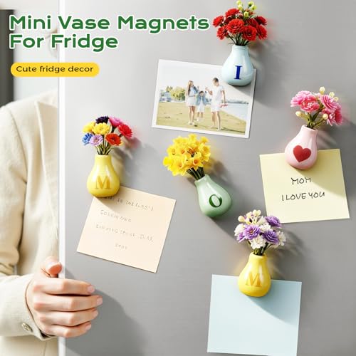 Renmxj 5 Pcs Mini Fridge Magnets, Cute Mini Ceramic Vase with Artificial Flowers, Tiny Pots Plant Vase for Kitchen Refrigerator Office Locker Decor, for Mom - color: 5 Pack I Love Mom