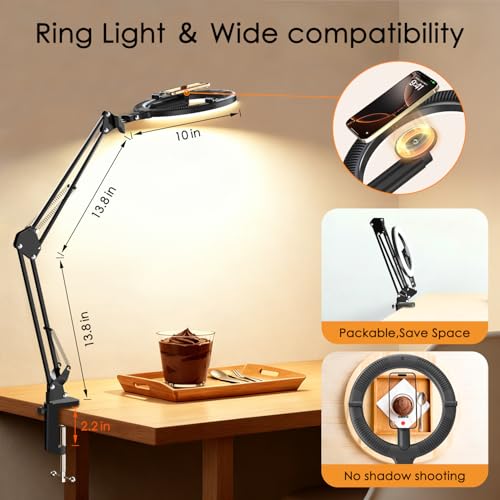 Magnetic Overhead Phone Mount with 10” Ring Light, 5000mAh Flexible Articulating Circle Lamp Table Tripod, iPhone Stand for Video Recording Cooking Nail, Zoom Meeting, Live Streaming Tiktok