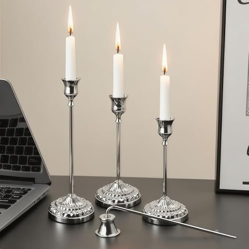 BEAHOT Silver Candle Holders, Set of 3 with Matching Candle Snuffer – Elegant Durable Non-Slip Candlestick Holders for Christmas Decorations Wedding Centerpiece, Dining Table & Home Gift Display - color: Silver 3 Pack