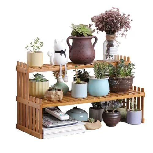 GURECOD 10.8" 2 Tiers Bamboo Plant Stand Shelf,Desk Flower Pot Holder,Adjustable Desktop Shelf Display Organizer Ladder Rack for Office Decorate Desk Shelving Storage Rack,Kitchen Rack (10.8" Length) - size: 10.8" Length